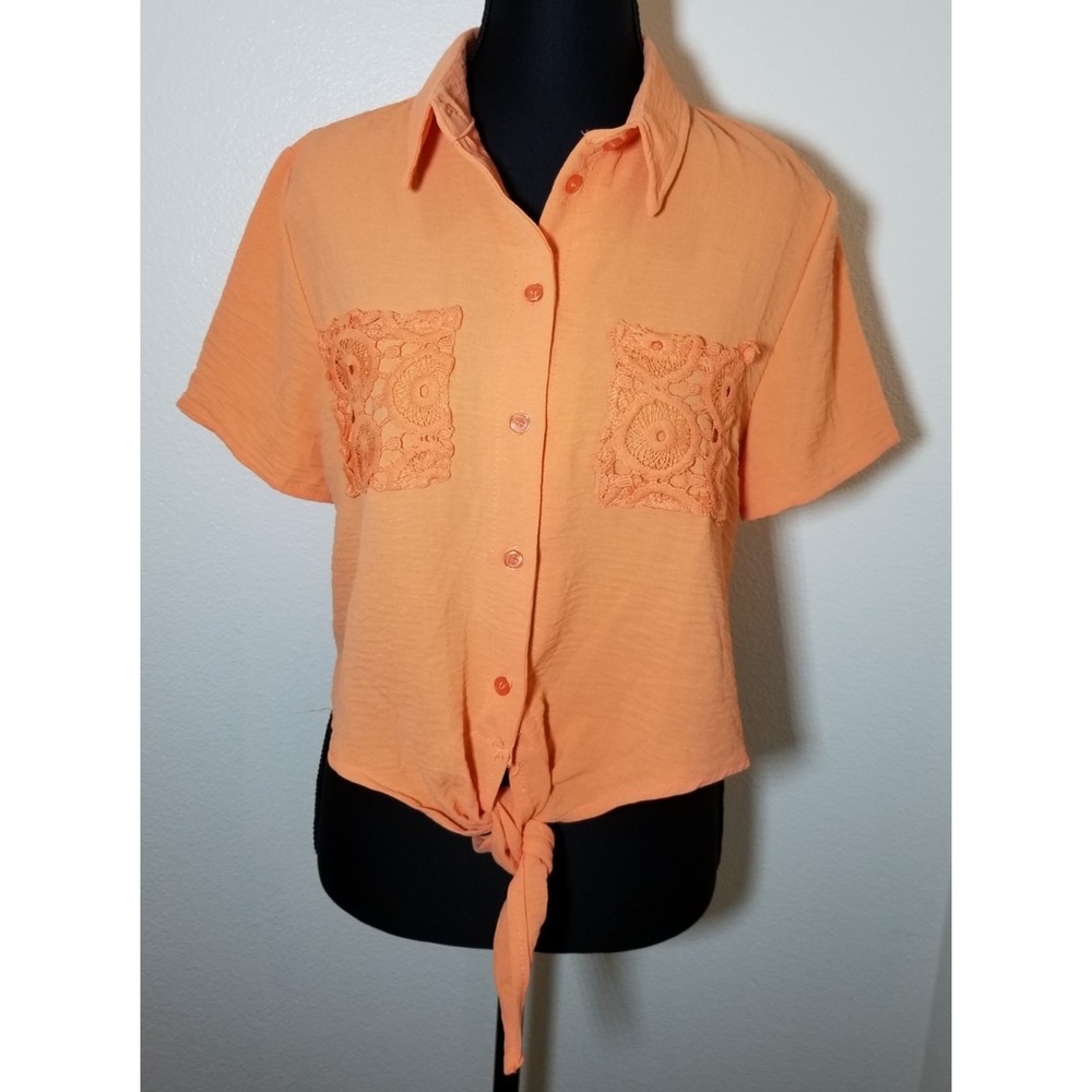Say Anything Orange Tie Front Top Short Sleeve Size M Cottage Boho Coastal NWOT